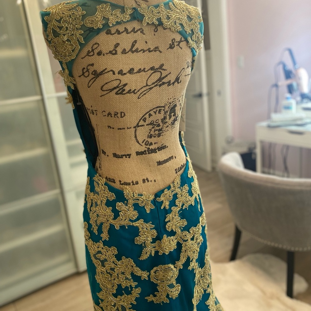 Elegant Backless Teal and Gold Dress